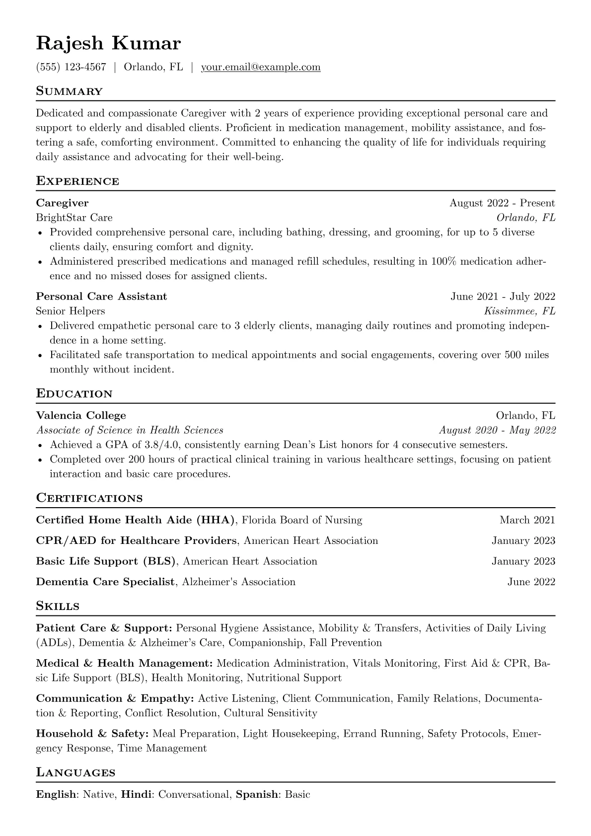 Caregiver Resume Example CV template - Page 1