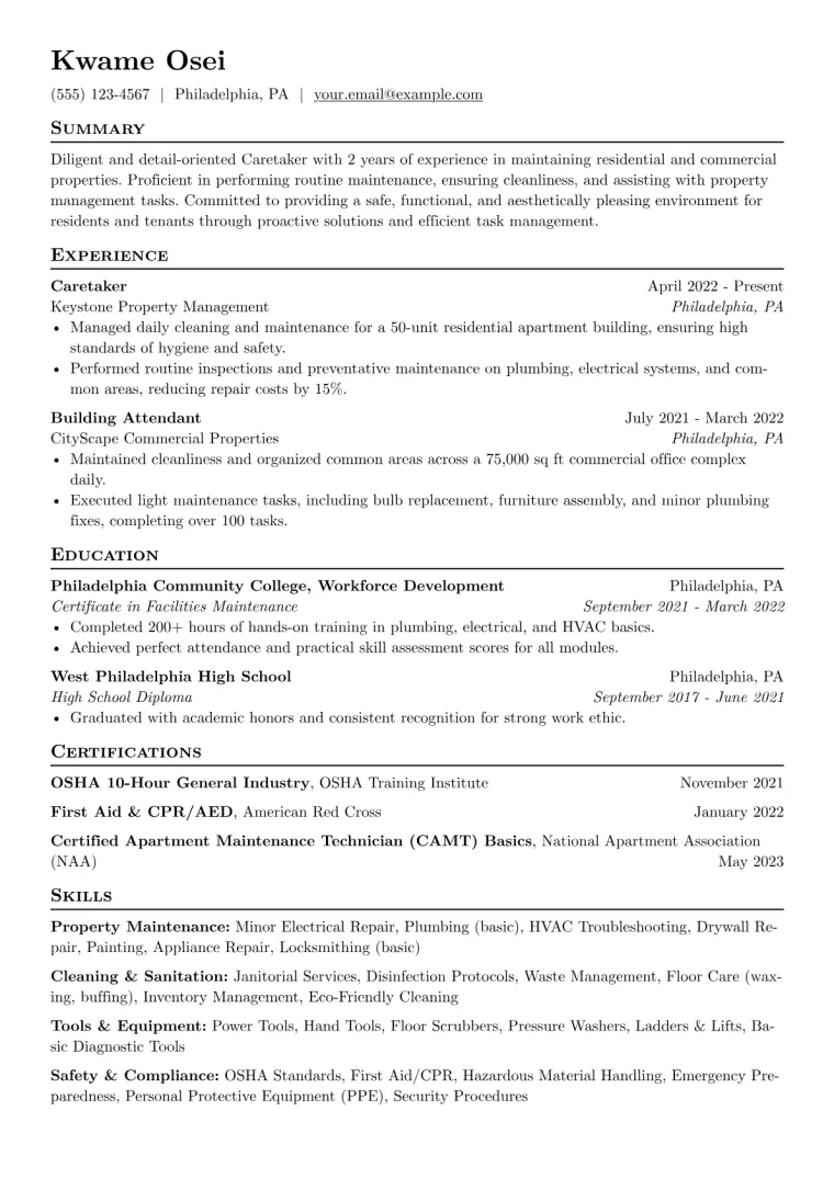 Caretaker Resume Example CV template preview