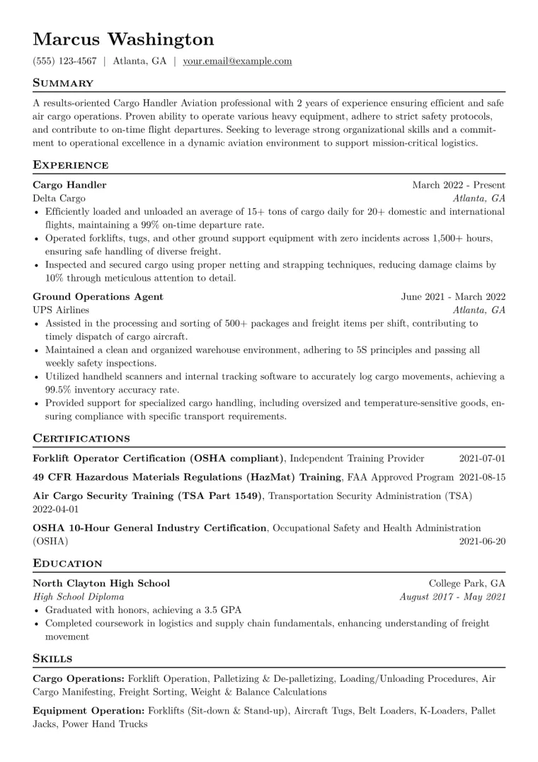 Cargo Handler Aviation Resume Example CV template preview