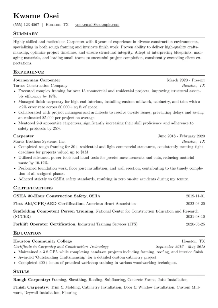 Carpenter Resume Example CV template preview