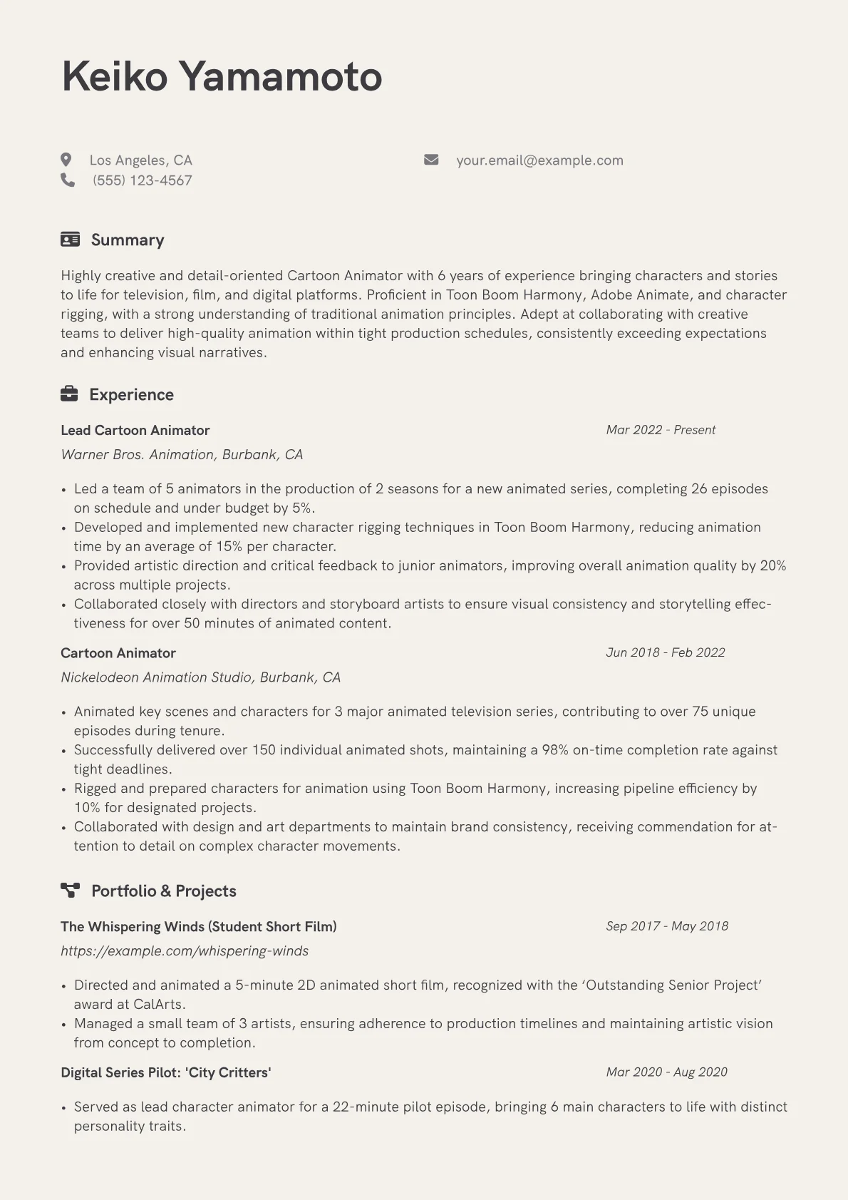 Cartoon Animator Resume Example CV template - Page 1