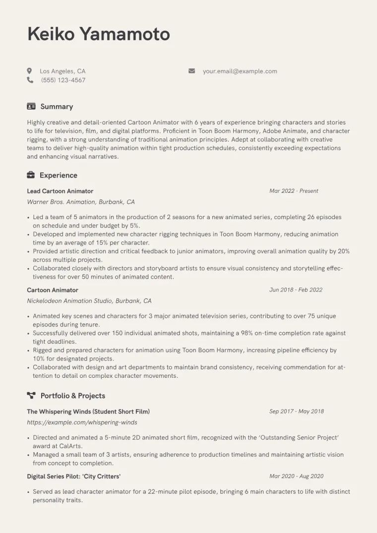 Cartoon Animator Resume Example CV template preview
