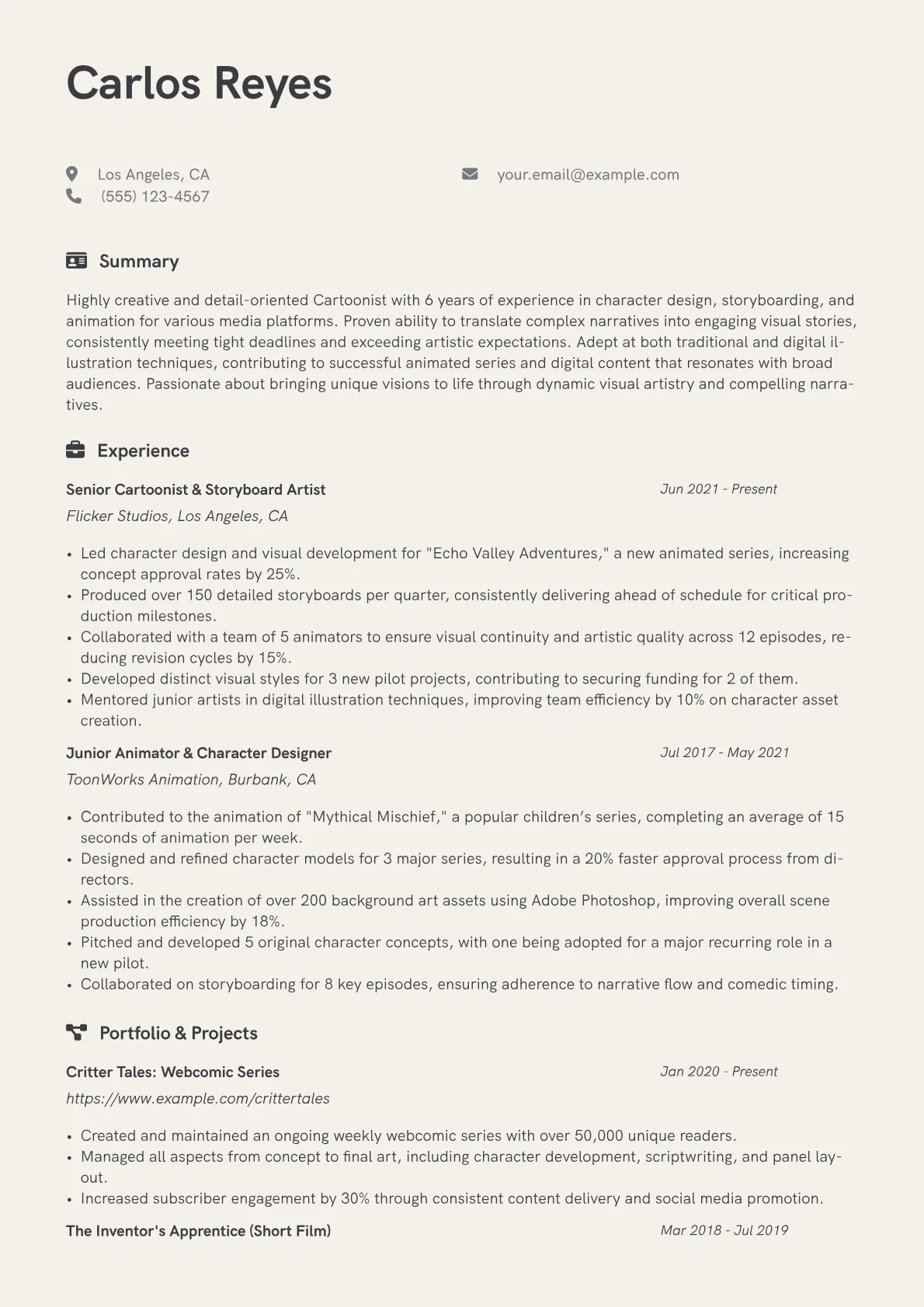 Cartoonist Resume Example CV template - Page 1