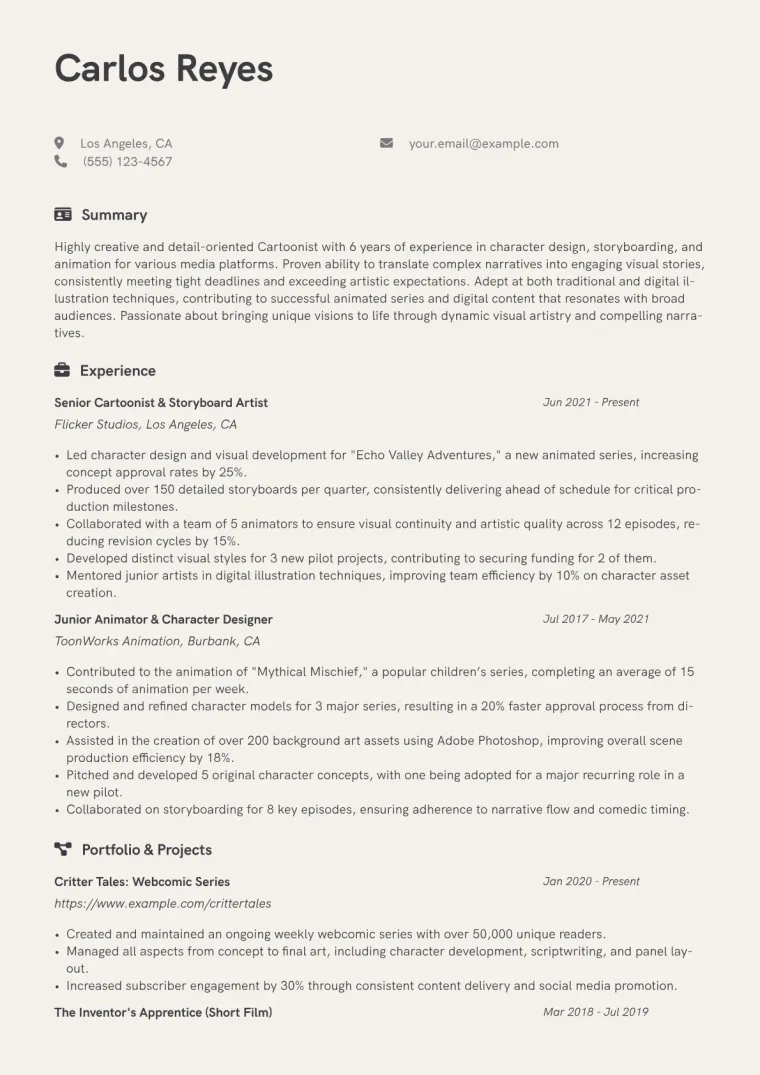 Cartoonist Resume Example CV template preview