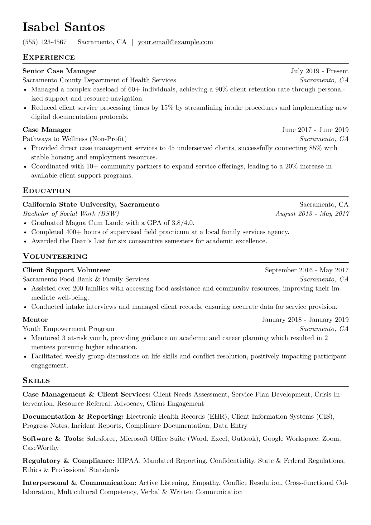 Case Manager Resume Example CV template - Page 1