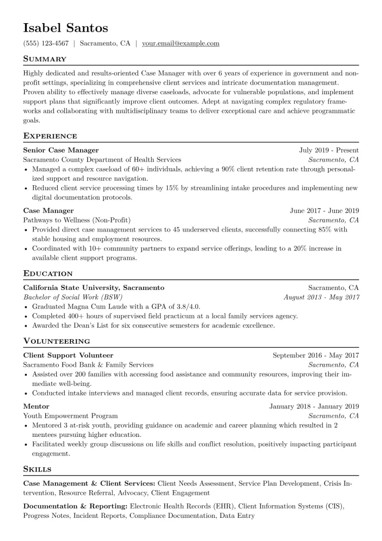 Case Manager Resume Example CV template preview
