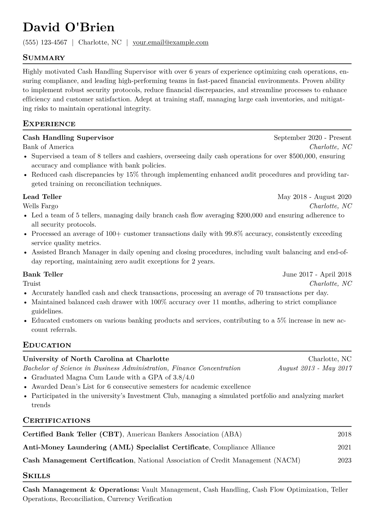 Cash Handling Supervisor Resume Example CV template - Page 1