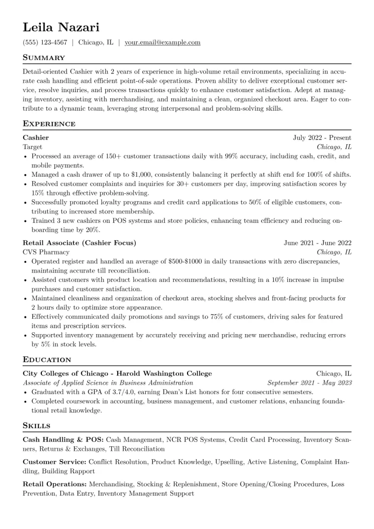 Cashier Resume Example CV template preview