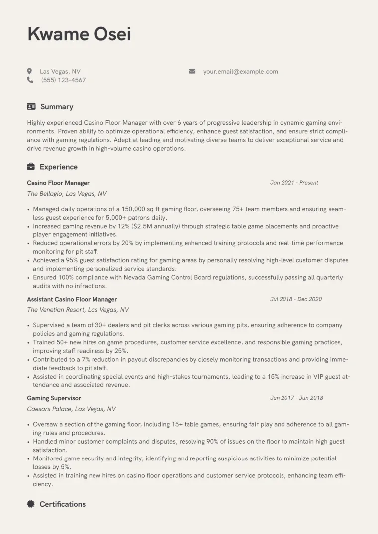 Casino Floor Manager Resume Example CV template preview