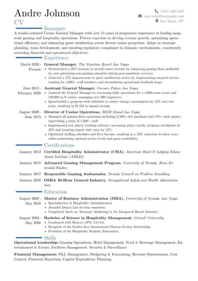 Casino General Manager Resume Example CV template preview