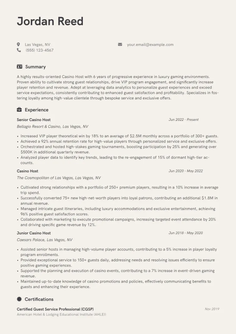 Casino Host Resume Example CV template preview