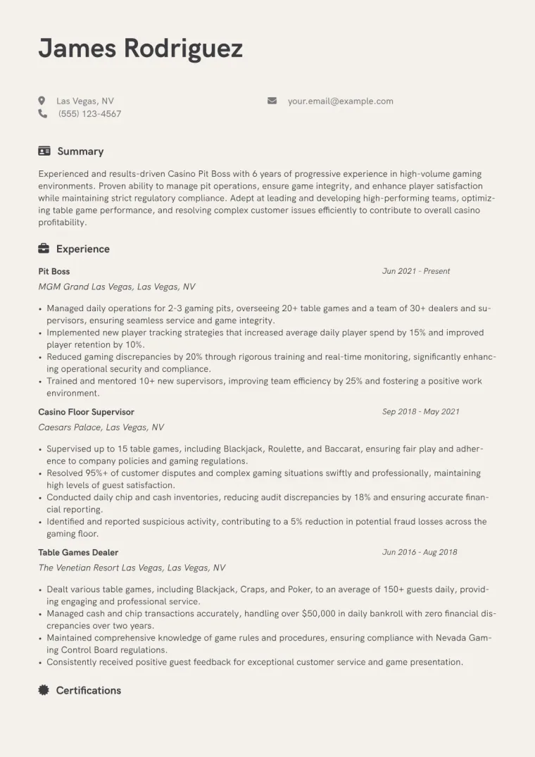 Casino Pit Boss Resume Example CV template preview
