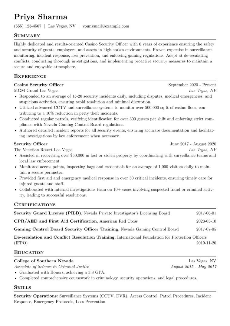 Casino Security Officer Resume Example CV template preview
