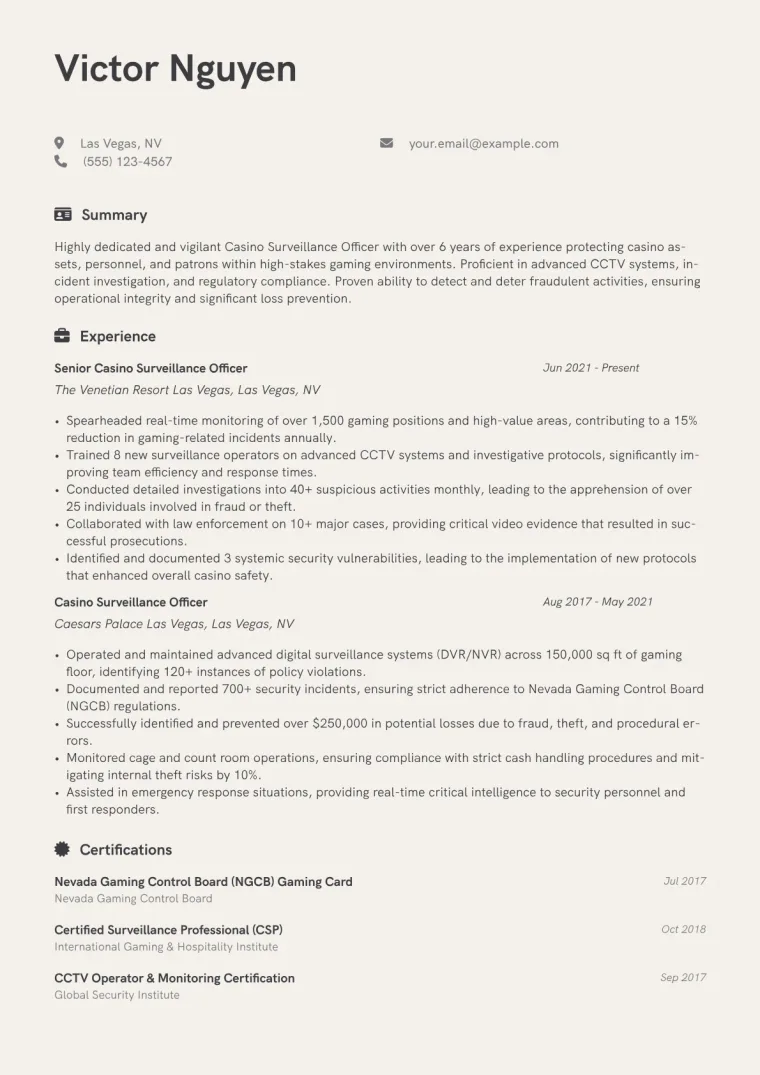 Casino Surveillance Officer Resume Example CV template preview