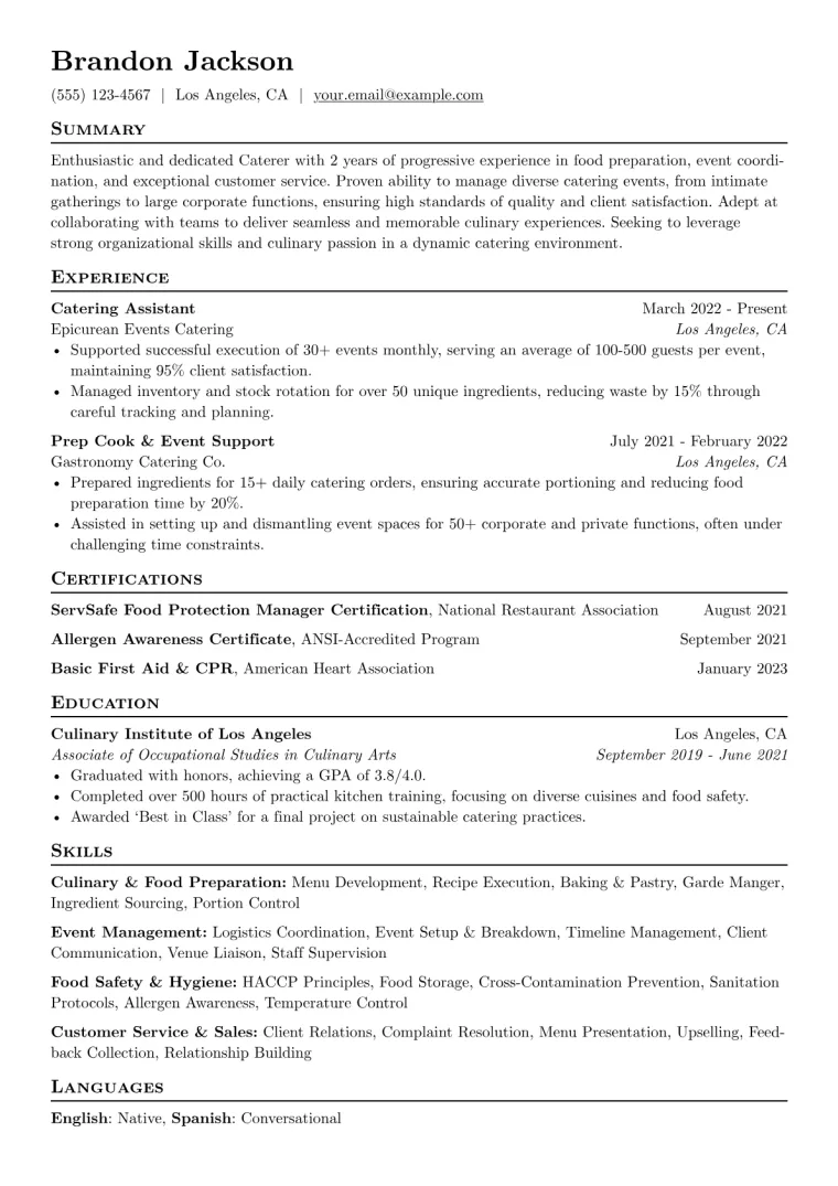 Caterer Resume Example CV template preview