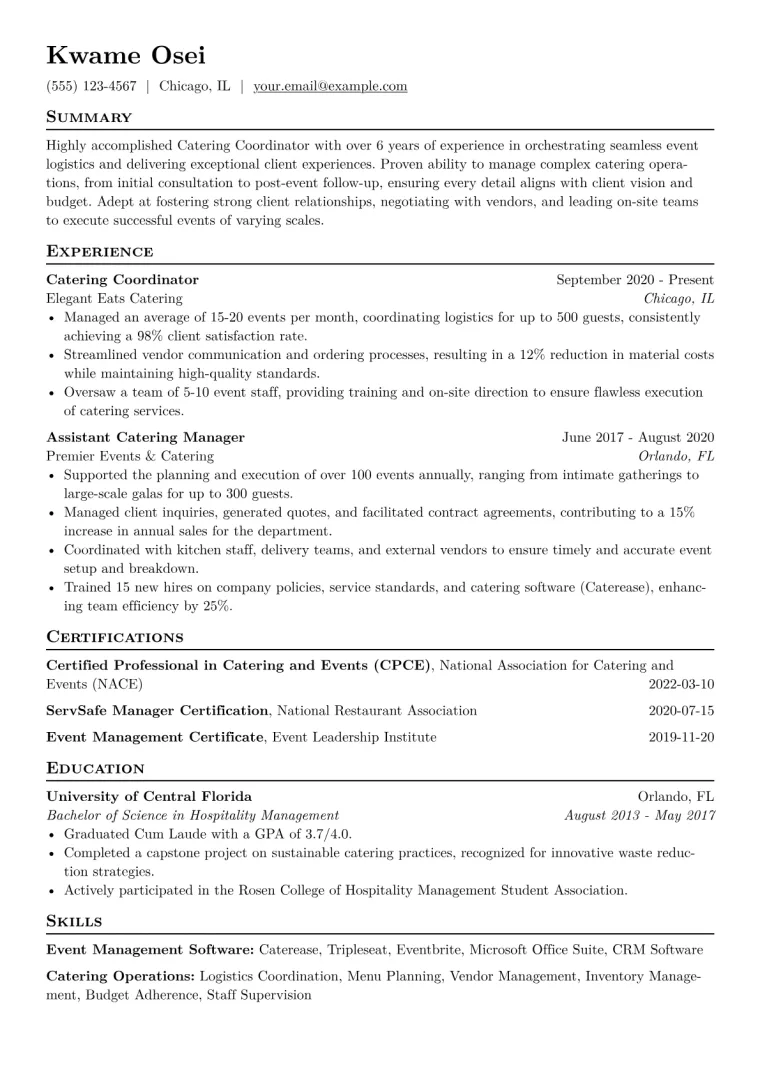 Catering Coordinator Resume Example CV template preview