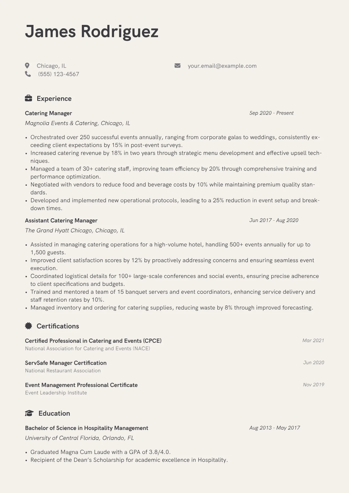 Catering Manager Resume Example CV template - Page 1
