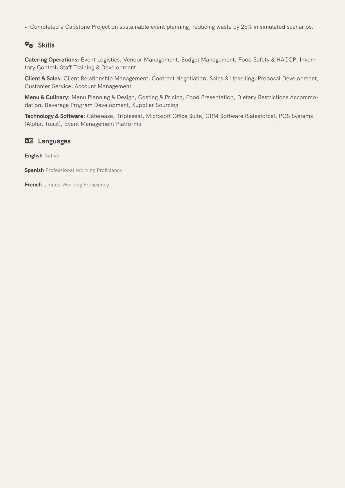 Catering Manager Resume Example CV template - Page 2