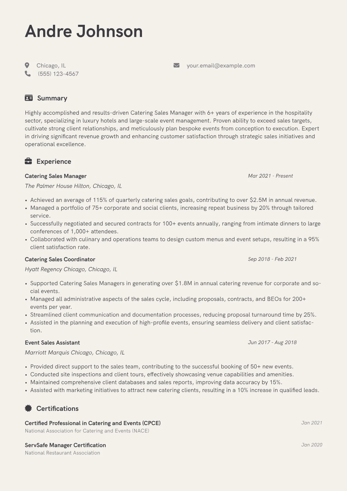 Catering Sales Manager Resume Example CV template - Page 1