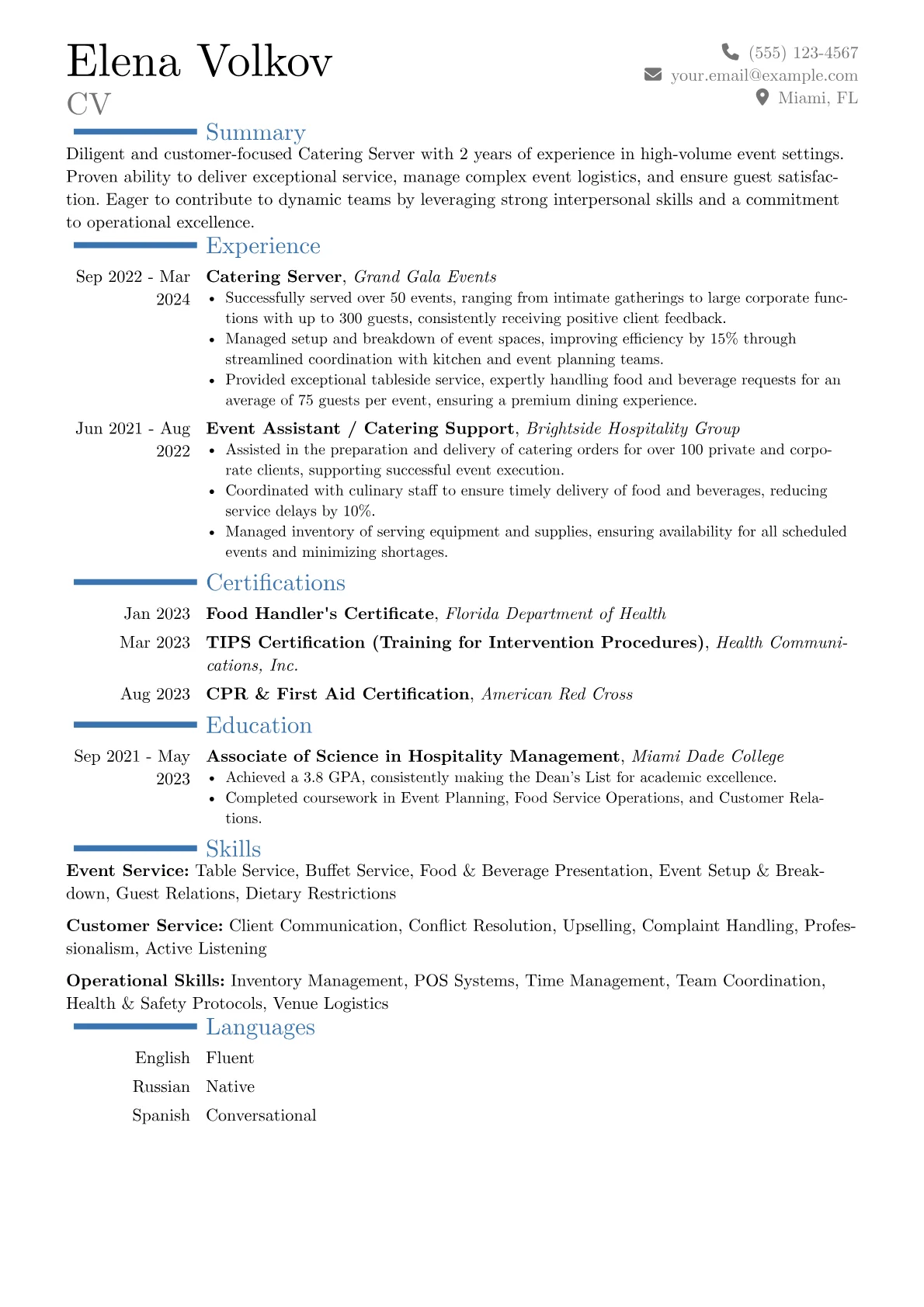 Catering Server Resume Example CV template - Page 1