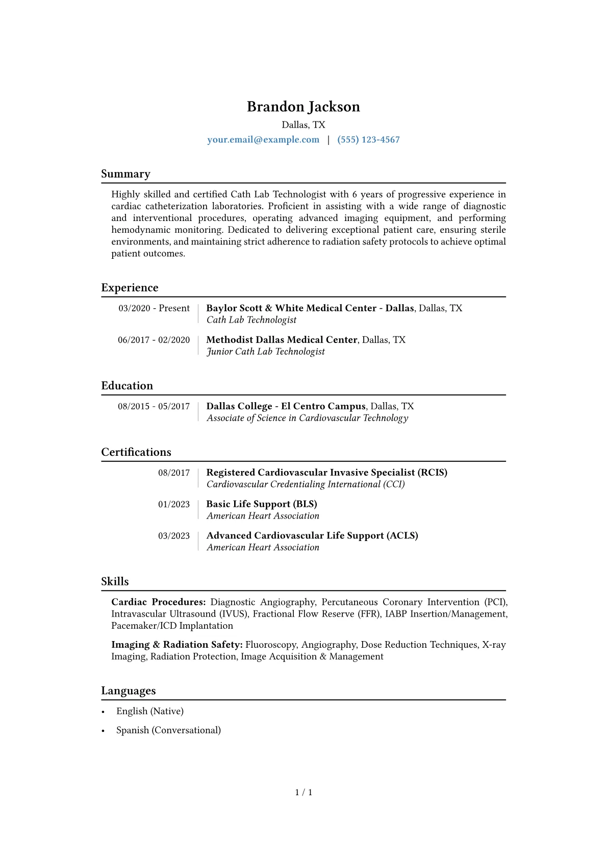 Cath Lab Technologist Resume Example CV template - Page 1