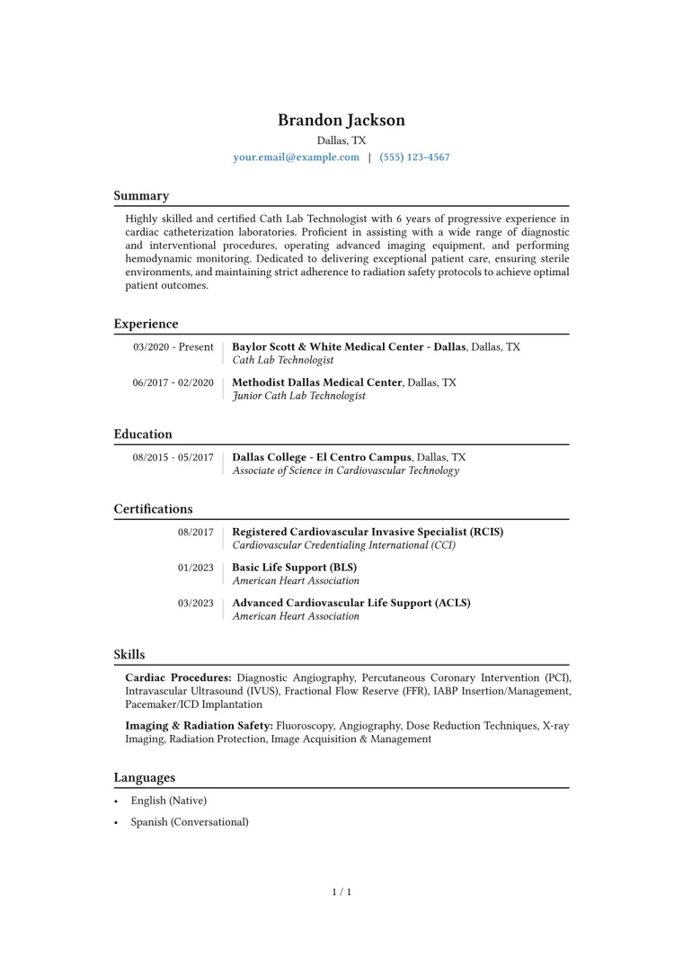 Cath Lab Technologist Resume Example CV template preview