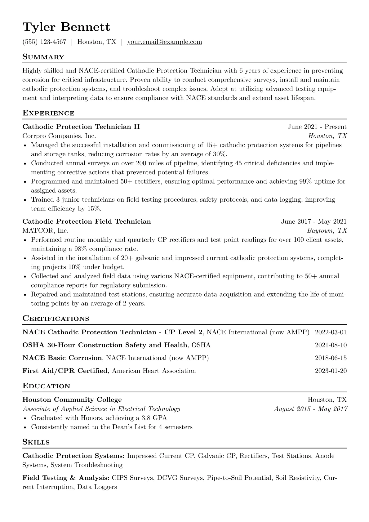 Cathodic Protection Technician Resume Example CV template - Page 1