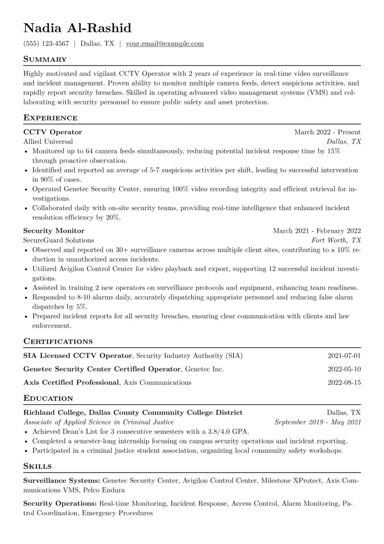 CCTV Operator Resume Example