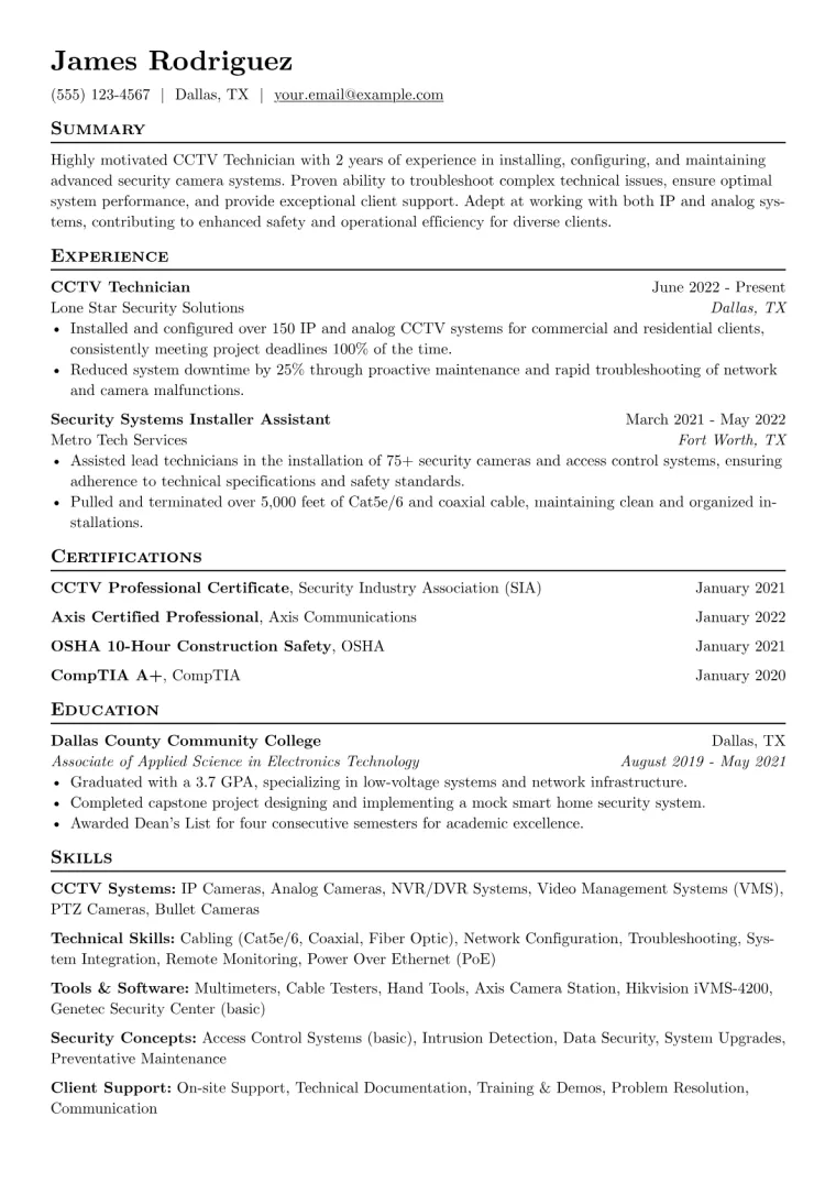 CCTV Technician Resume Example CV template preview