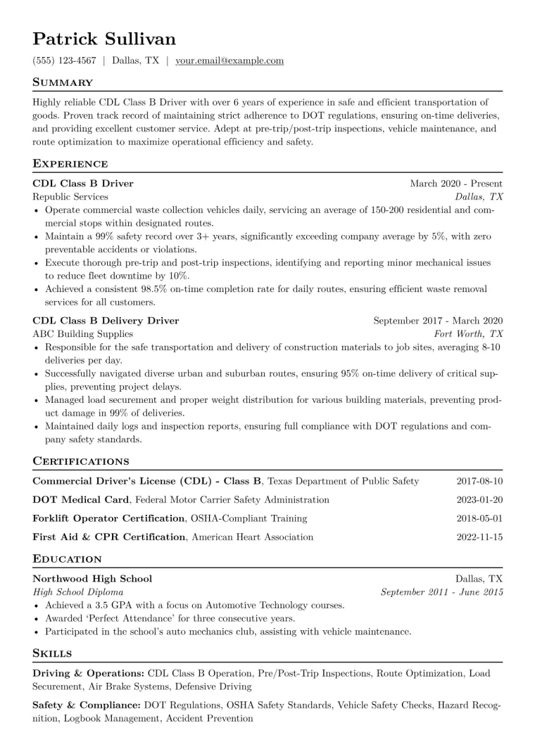 CDL Class B Driver Resume Example CV template preview