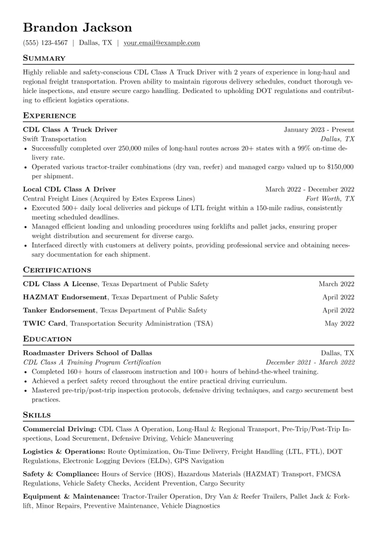 CDL Truck Driver Resume Example