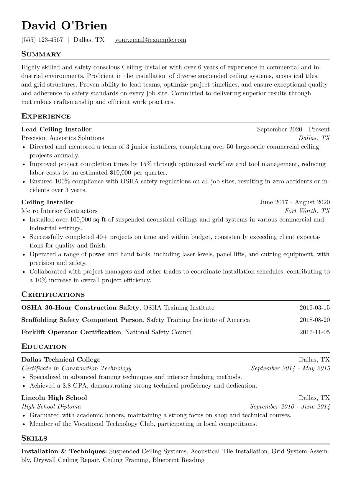 Ceiling Installer Resume Example CV template - Page 1