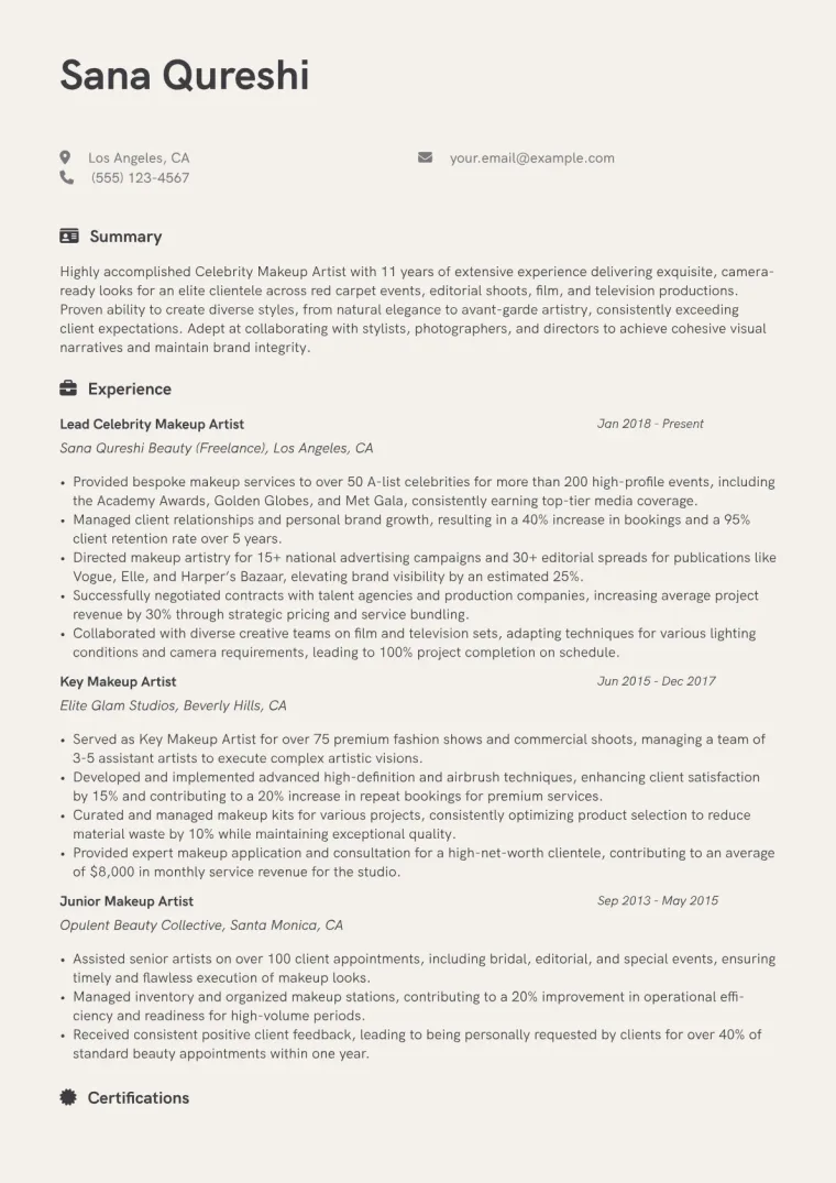 Celebrity Makeup Artist Resume Example CV template preview