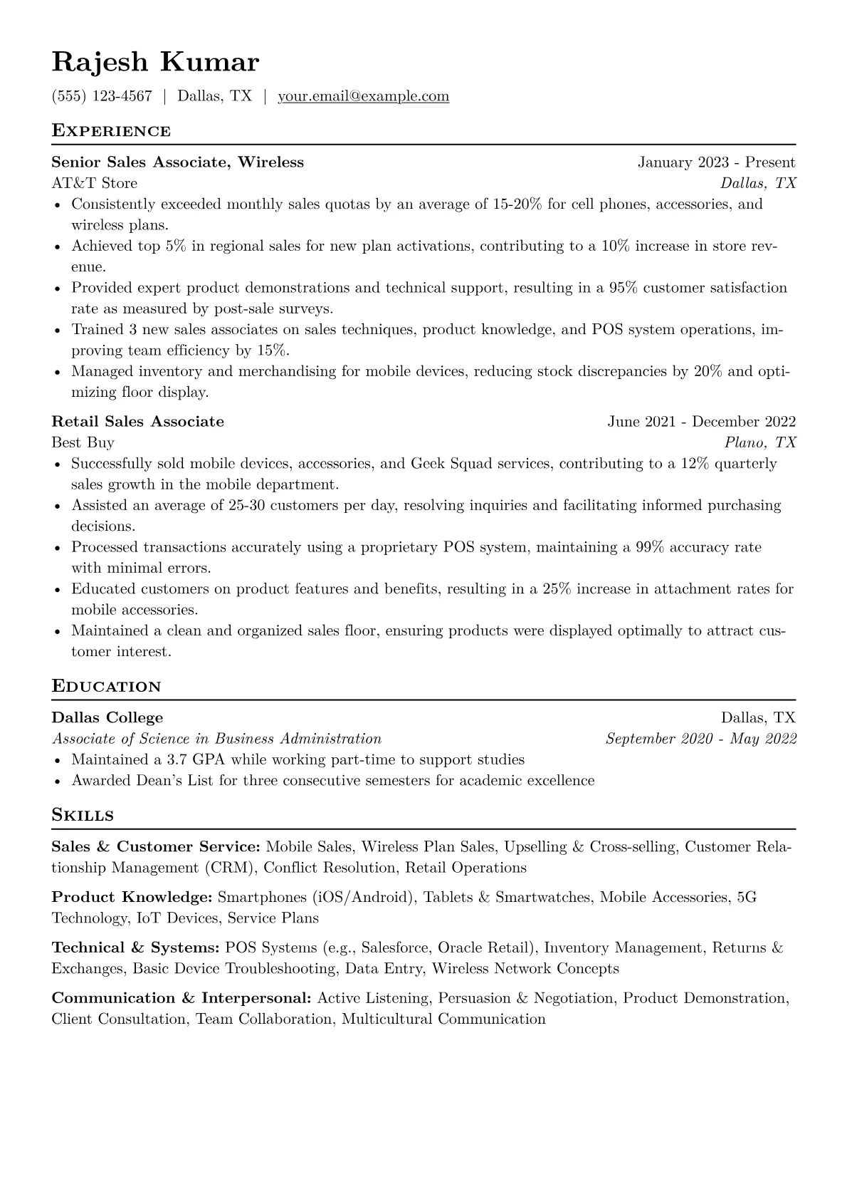 Cell Phone Sales Representative Resume Example CV template - Page 1