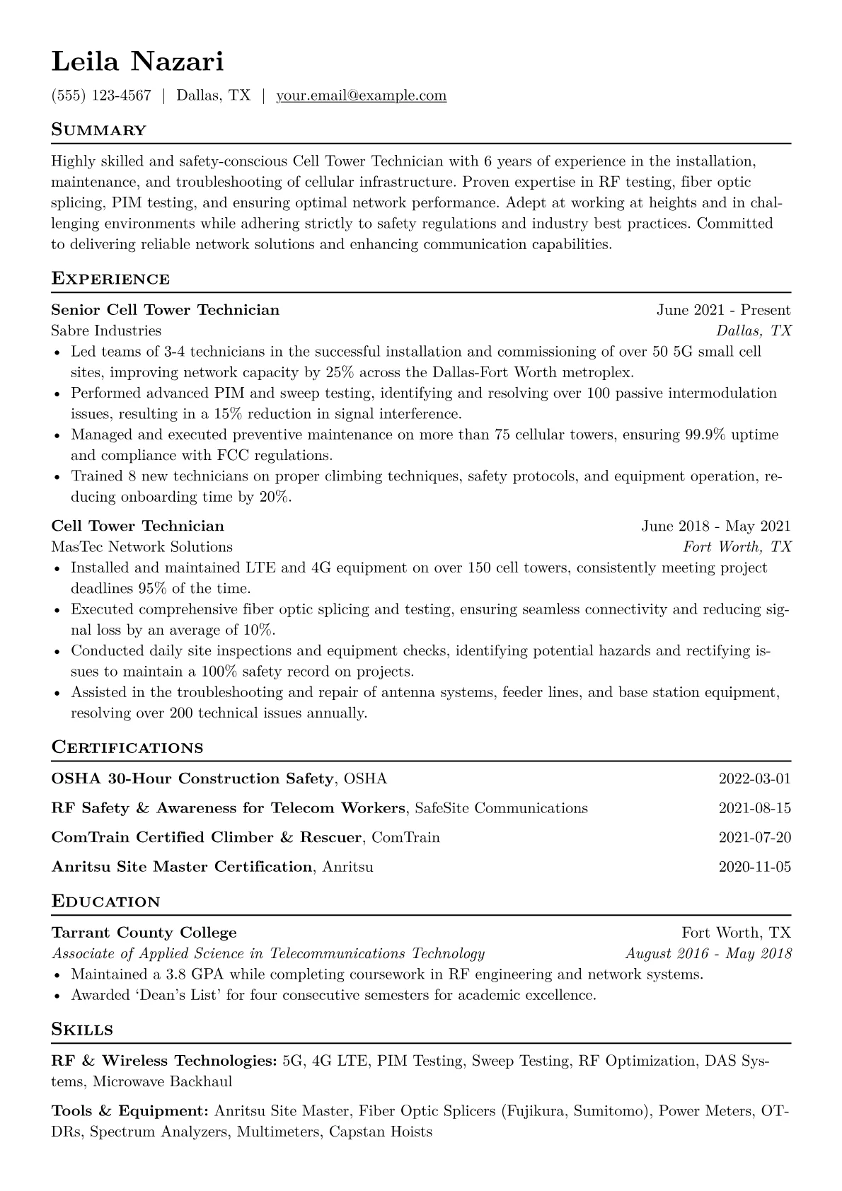 Cell Tower Technician Resume Example CV template - Page 1