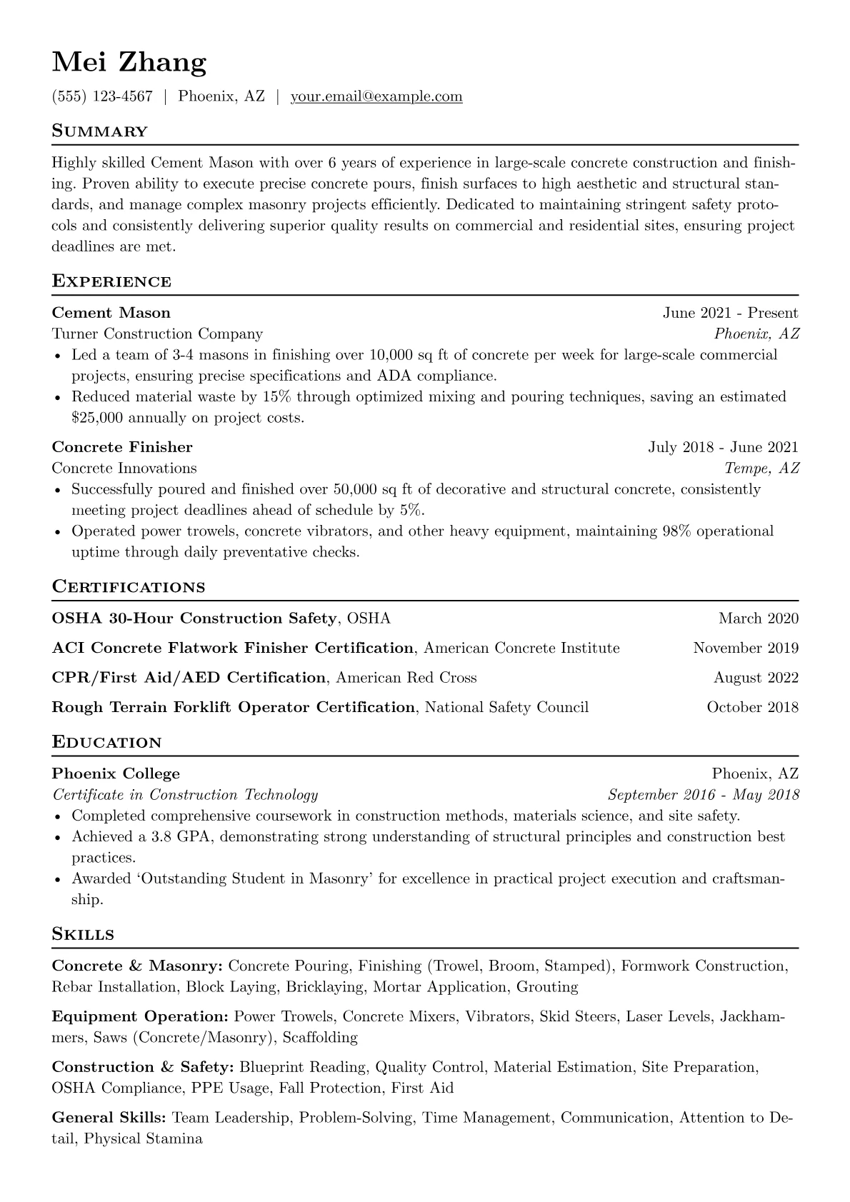 Cement Mason Resume Example CV template - Page 1