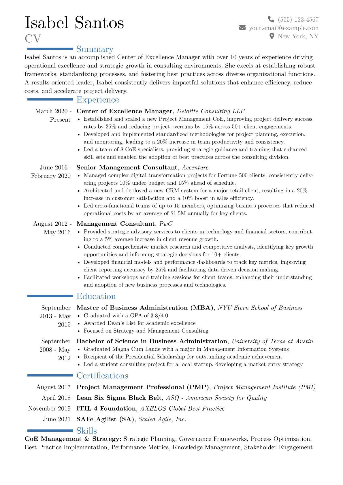 Center of Excellence Manager Resume Example CV template - Page 1
