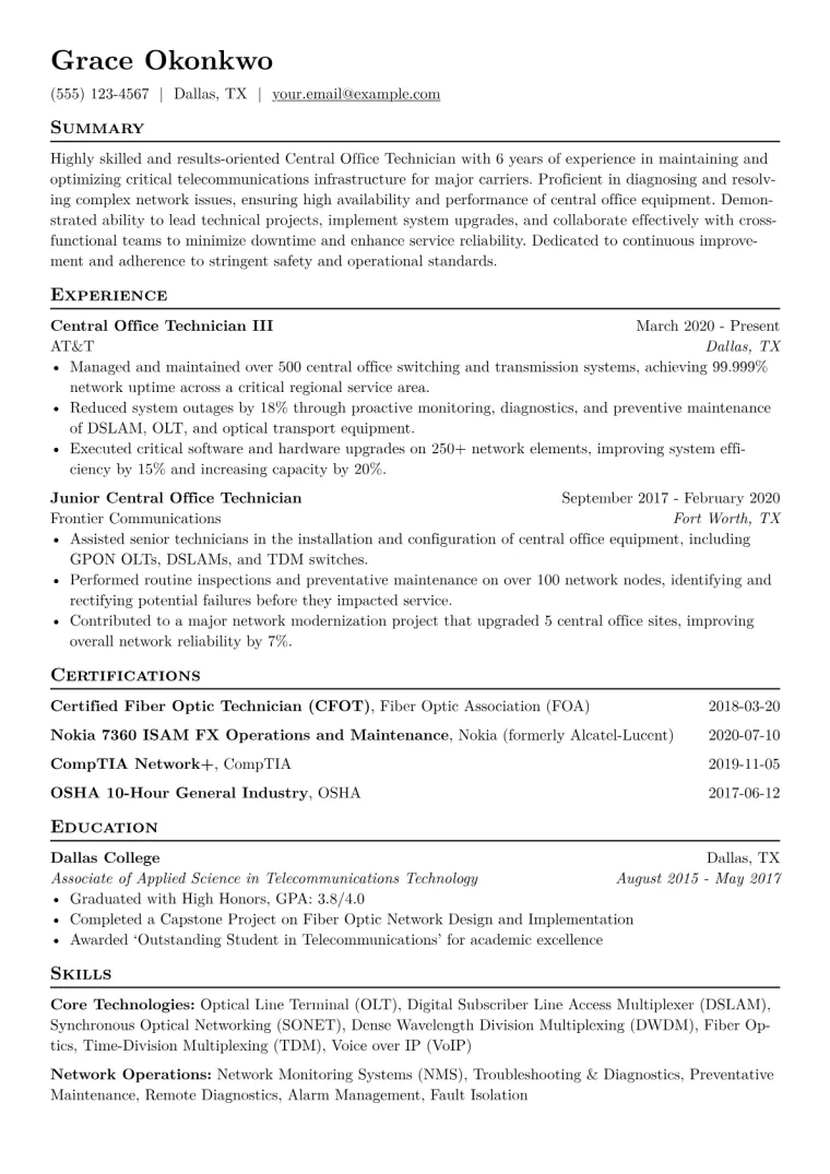 Central Office Technician Resume Example CV template preview