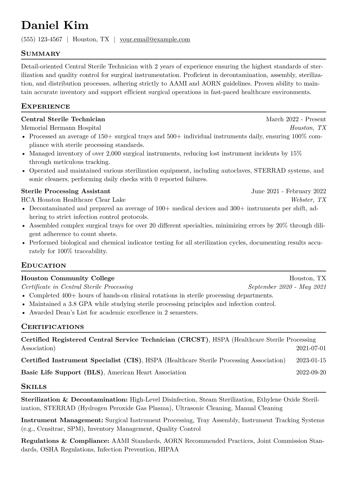 Central Sterile Technician Resume Example CV template - Page 1