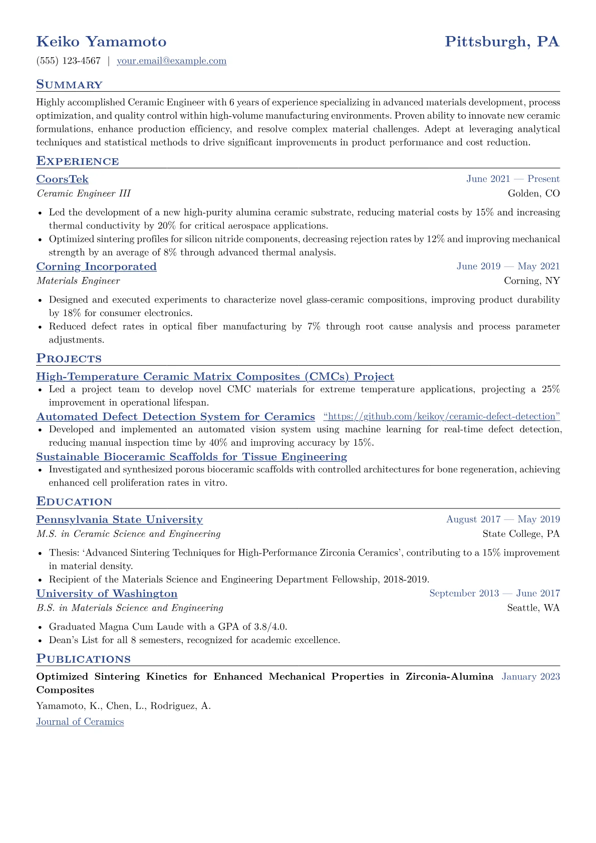 Ceramic Engineer Resume Example CV template - Page 1