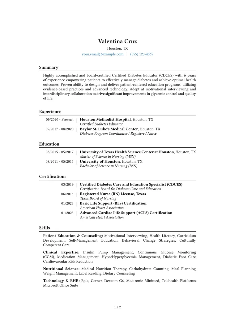 Certified Diabetes Educator Resume Example CV template preview