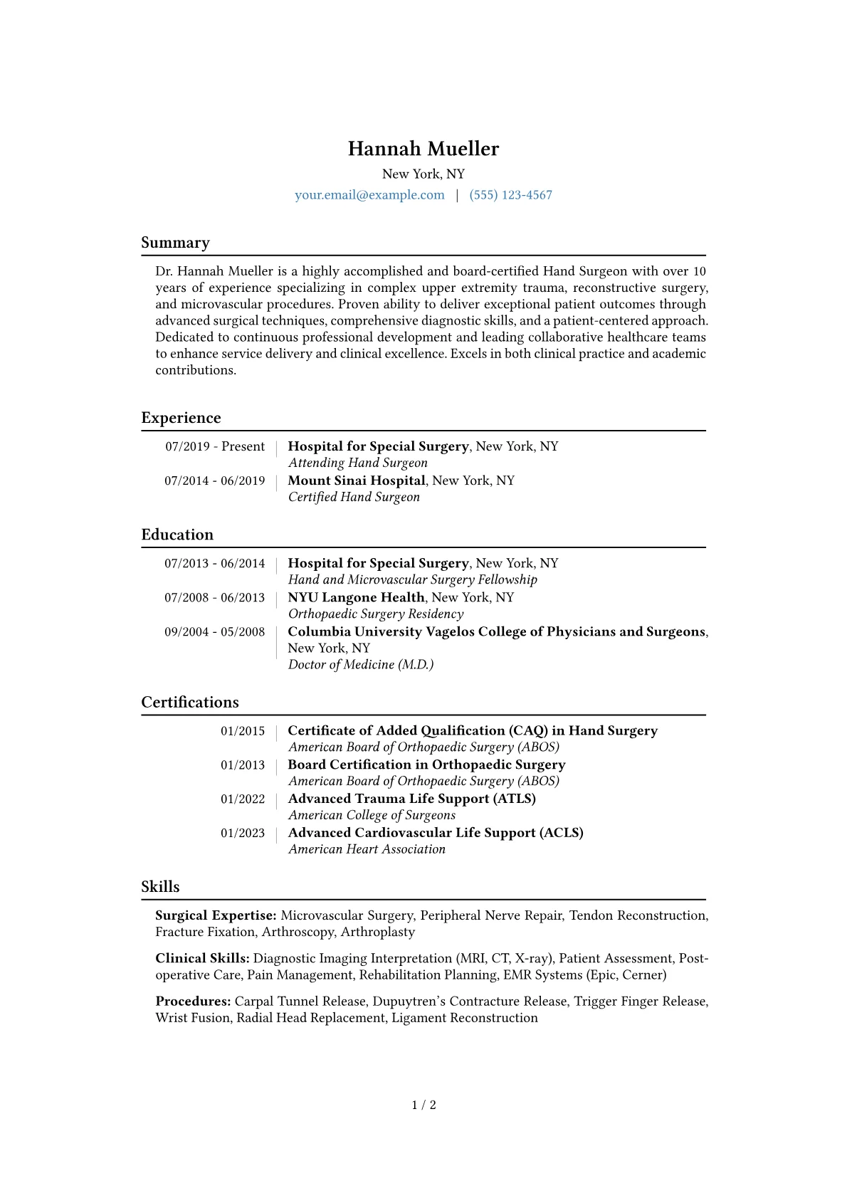Certified Hand Surgeon Resume Example CV template - Page 1