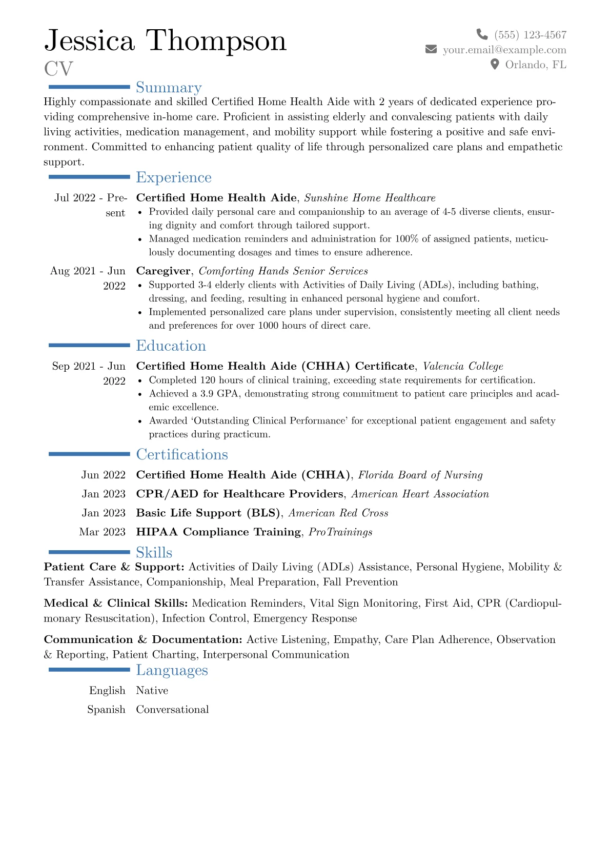 Certified Home Health Aide Resume Example CV template - Page 1