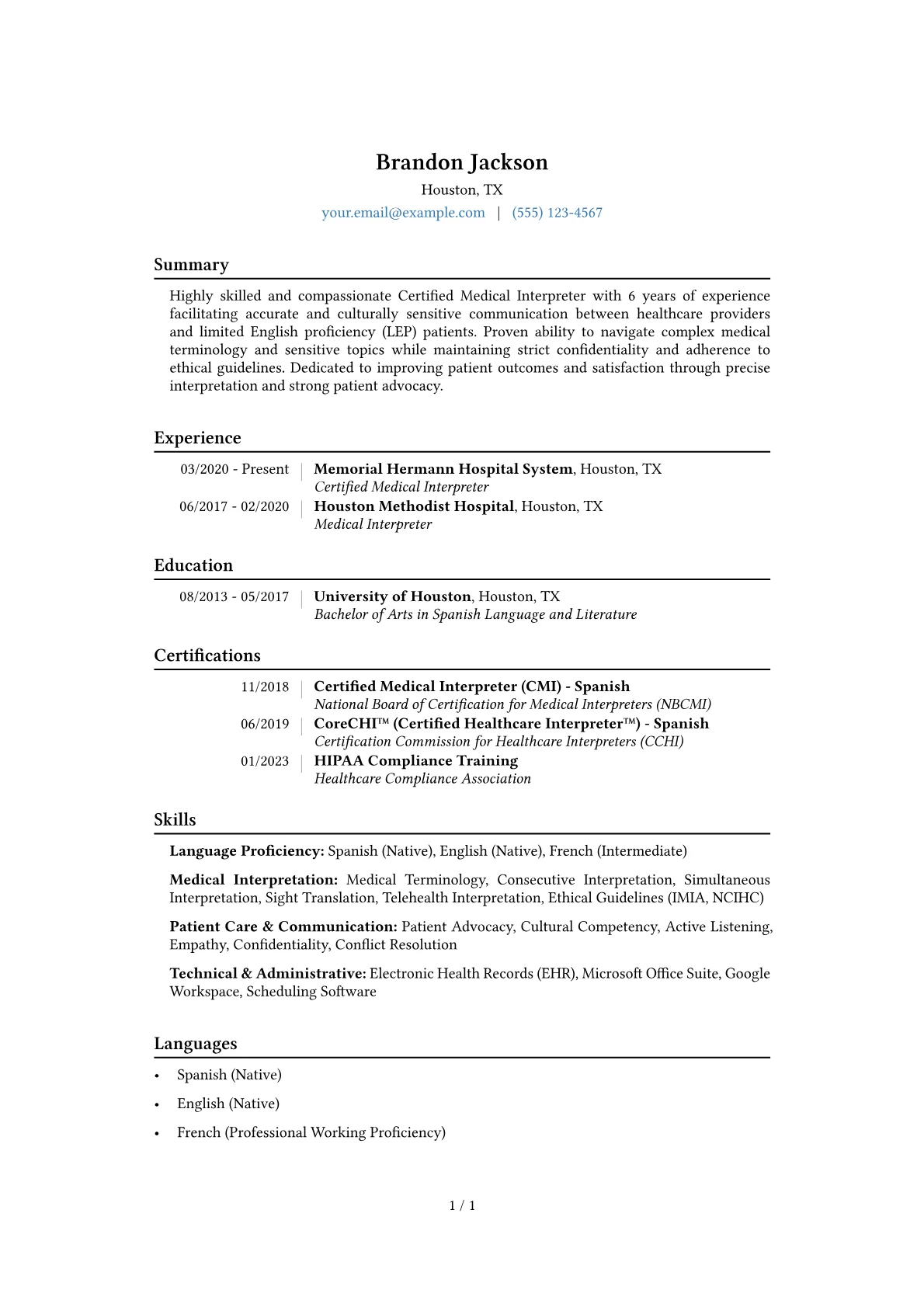 Certified Medical Interpreter Resume Example CV template - Page 1