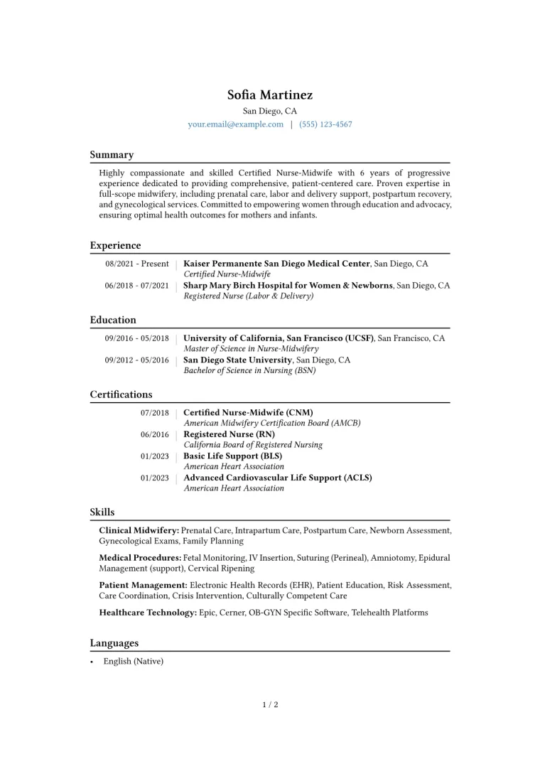 Certified Midwife Resume Example CV template preview