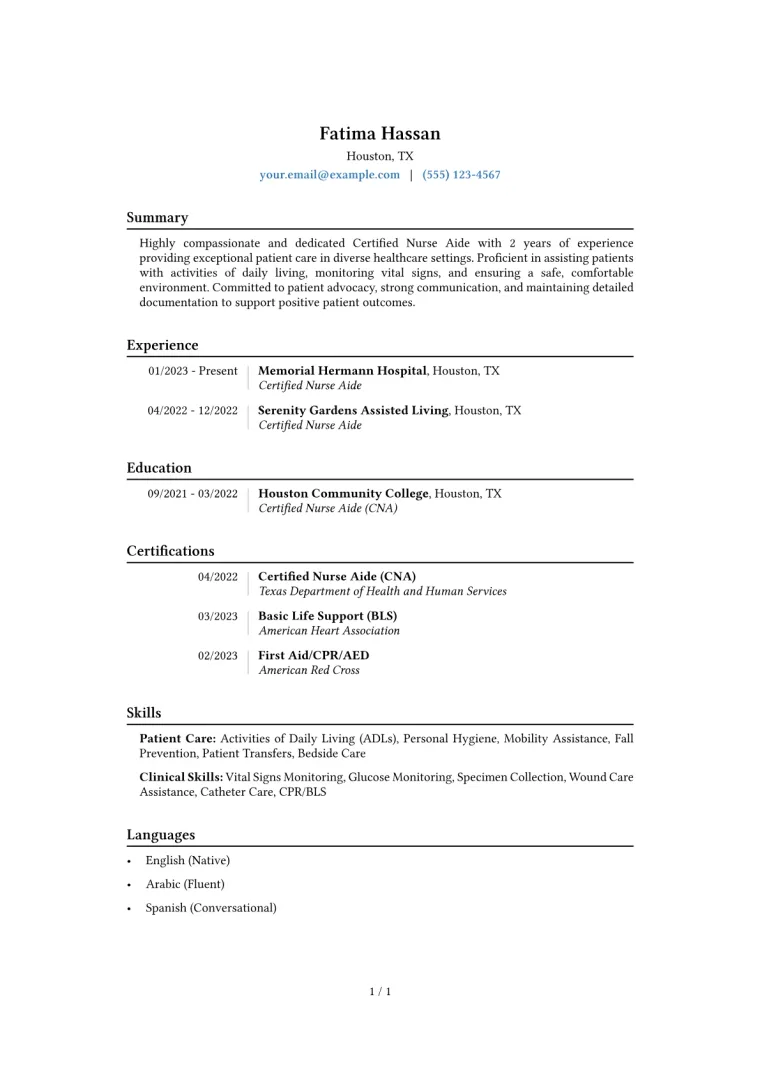 Certified Nurse Aide Resume Example CV template preview