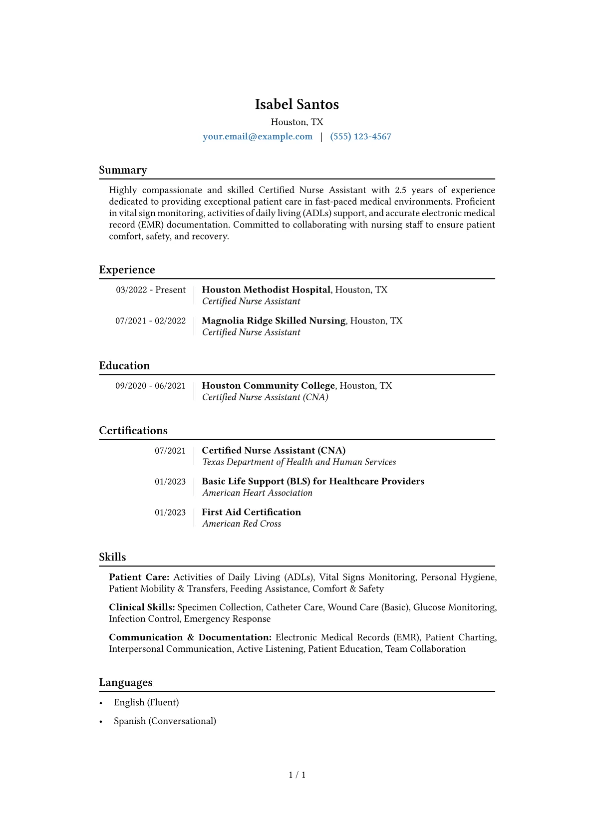 Certified Nurse Assistant Resume Example CV template - Page 1