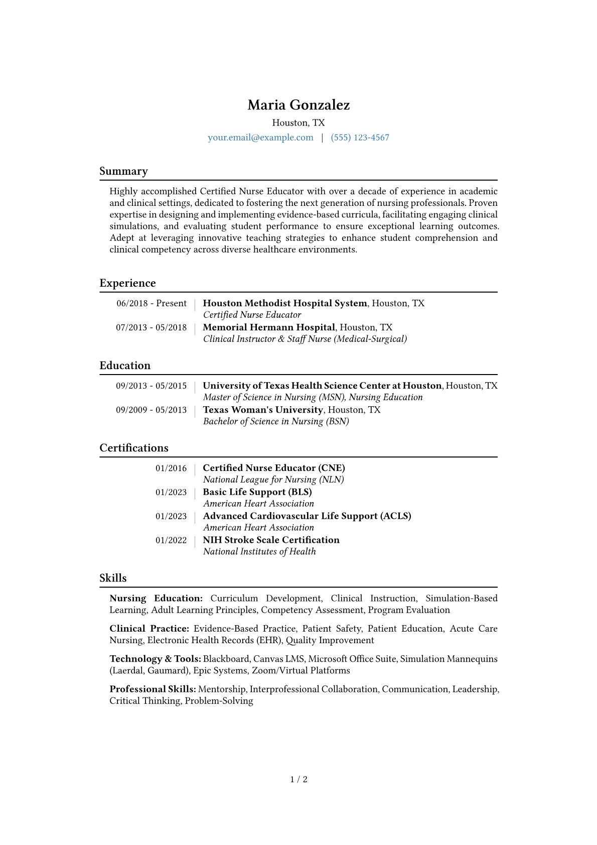 Certified Nurse Educator Resume Example CV template - Page 1