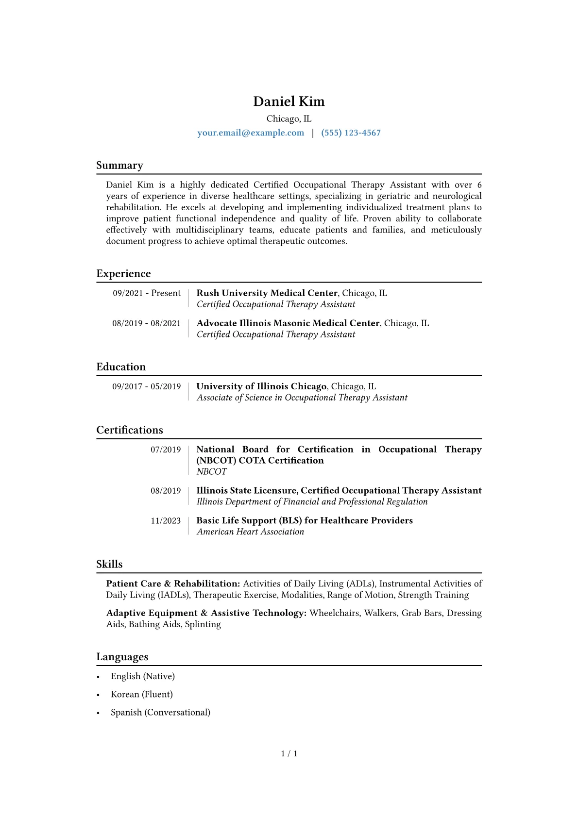 Certified Occupational Therapy Assistant Resume Example CV template - Page 1