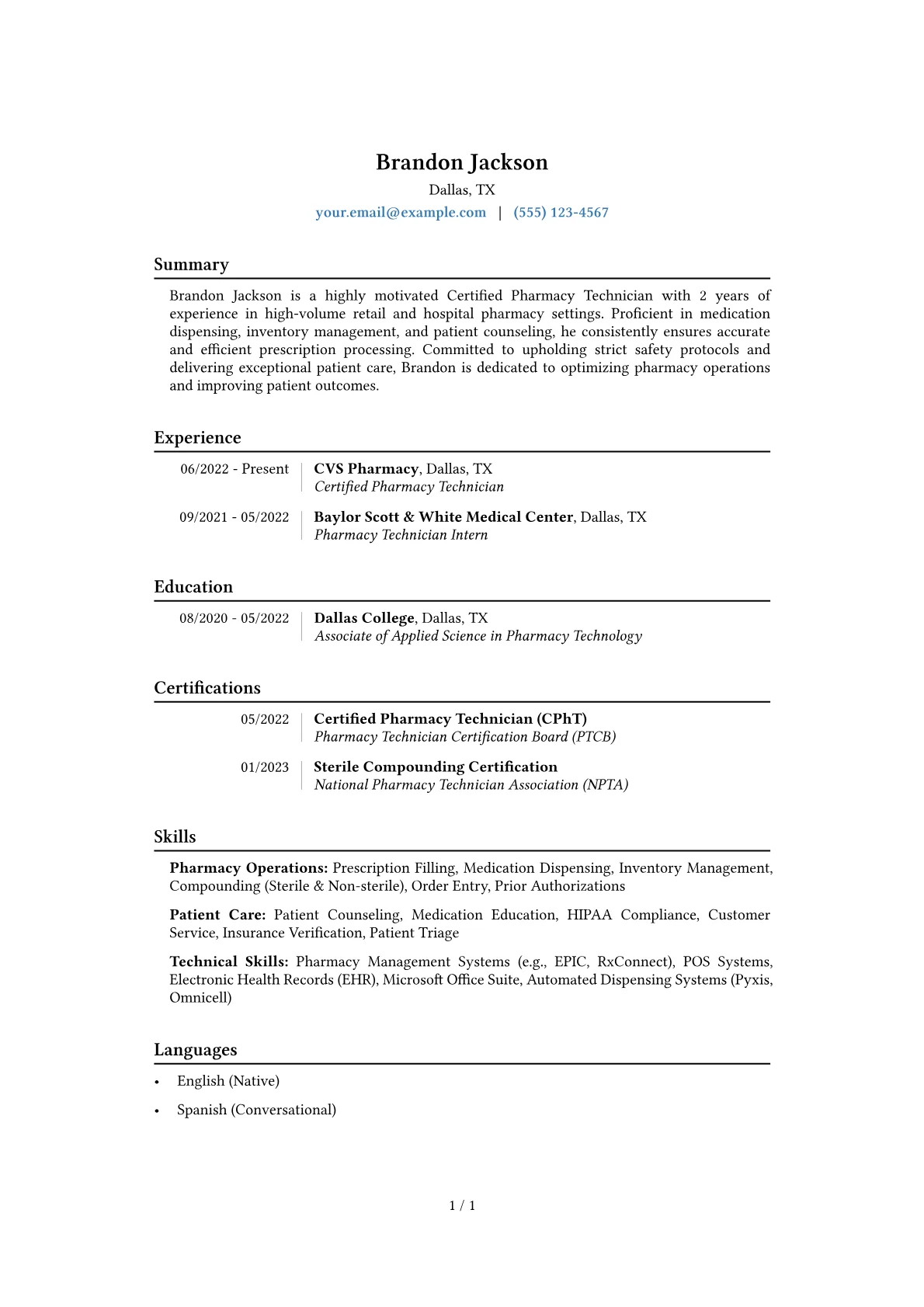 Certified Pharmacy Technician Resume Example CV template - Page 1